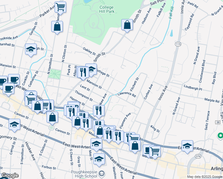 map of restaurants, bars, coffee shops, grocery stores, and more near in Poughkeepsie