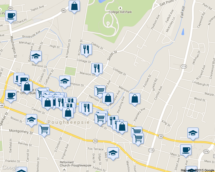 map of restaurants, bars, coffee shops, grocery stores, and more near 43 Lent Street in Poughkeepsie