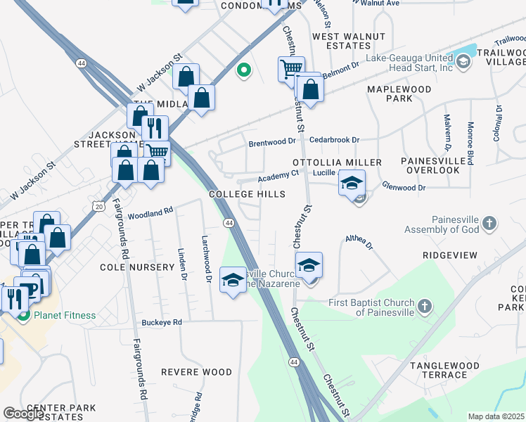 map of restaurants, bars, coffee shops, grocery stores, and more near 297 University Avenue in Painesville