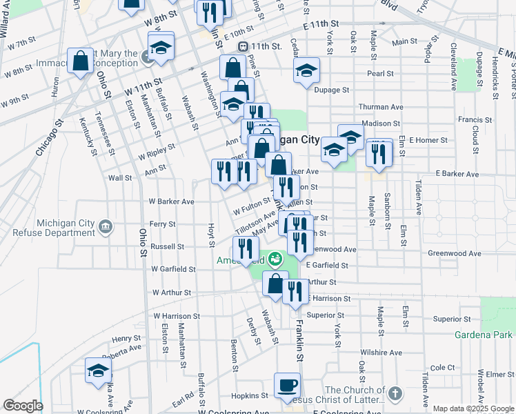 map of restaurants, bars, coffee shops, grocery stores, and more near 118 West Fulton Street in Michigan City