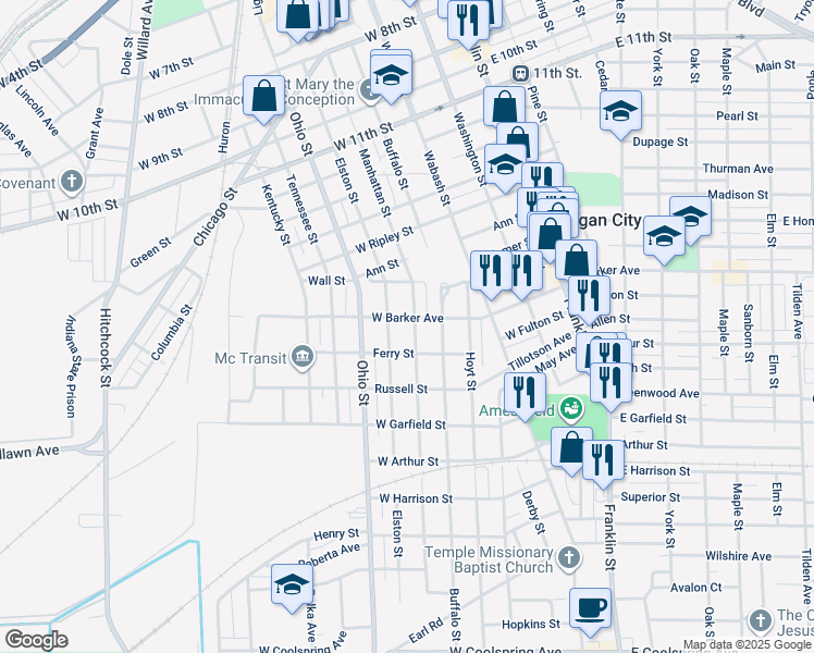 map of restaurants, bars, coffee shops, grocery stores, and more near 1804 Elston Street in Michigan City