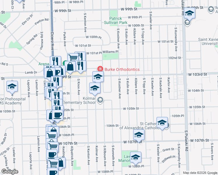 map of restaurants, bars, coffee shops, grocery stores, and more near 10328 South Kenneth Avenue in Oak Lawn