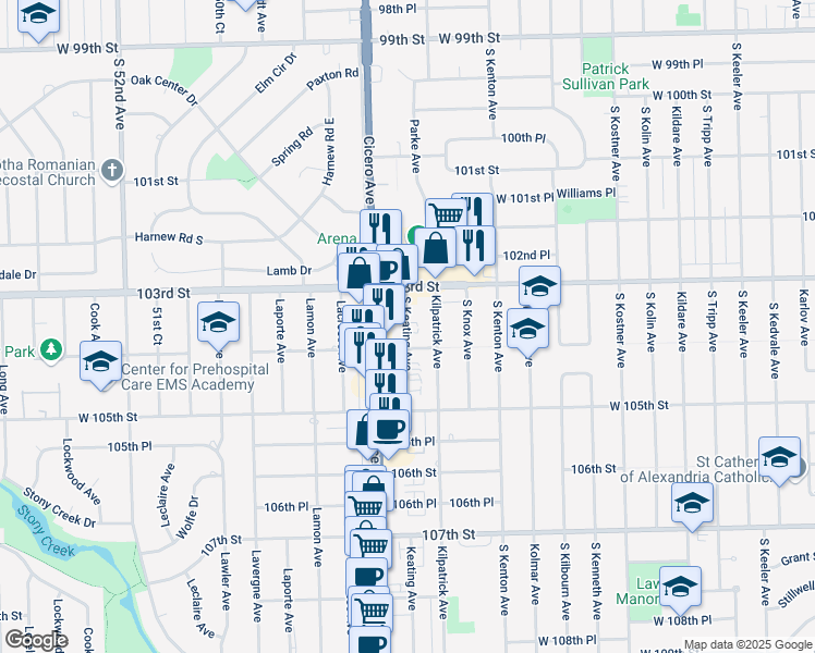 map of restaurants, bars, coffee shops, grocery stores, and more near 10328 South Keating Avenue in Oak Lawn