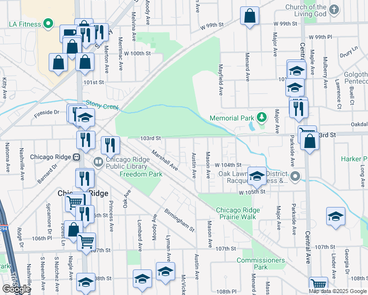 map of restaurants, bars, coffee shops, grocery stores, and more near 10306 McVicker Avenue in Chicago Ridge