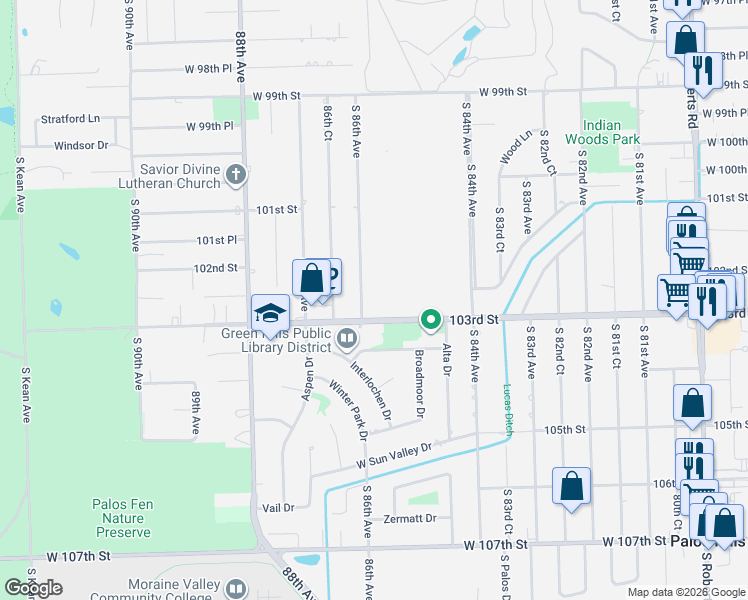 map of restaurants, bars, coffee shops, grocery stores, and more near 8546 West 103rd Terrace in Palos Hills