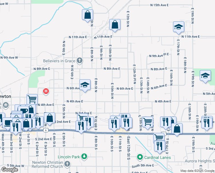 map of restaurants, bars, coffee shops, grocery stores, and more near 910 North 6th Avenue East in Newton