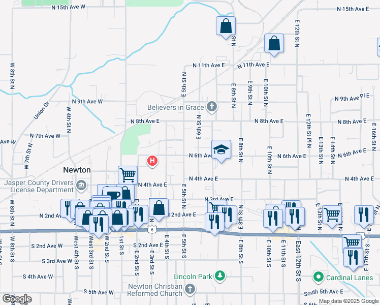 map of restaurants, bars, coffee shops, grocery stores, and more near 602 East 5th Street North in Newton