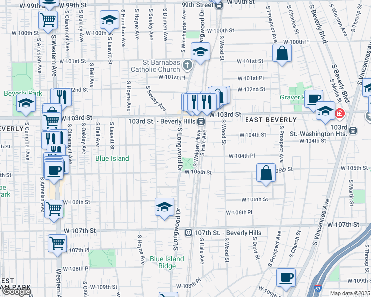 map of restaurants, bars, coffee shops, grocery stores, and more near 10405 South Longwood Drive in Chicago
