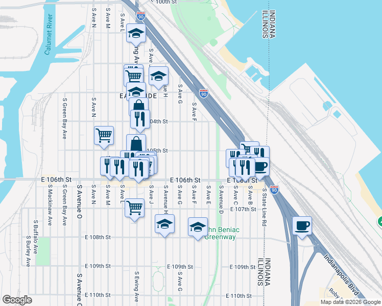 map of restaurants, bars, coffee shops, grocery stores, and more near 10500 South Avenue F in Chicago