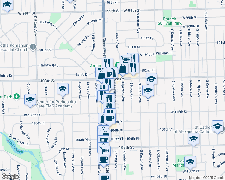 map of restaurants, bars, coffee shops, grocery stores, and more near 10328 South Keating Avenue in Oak Lawn
