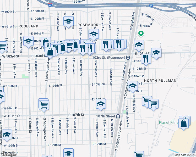 map of restaurants, bars, coffee shops, grocery stores, and more near 10437 South Vernon Avenue in Chicago