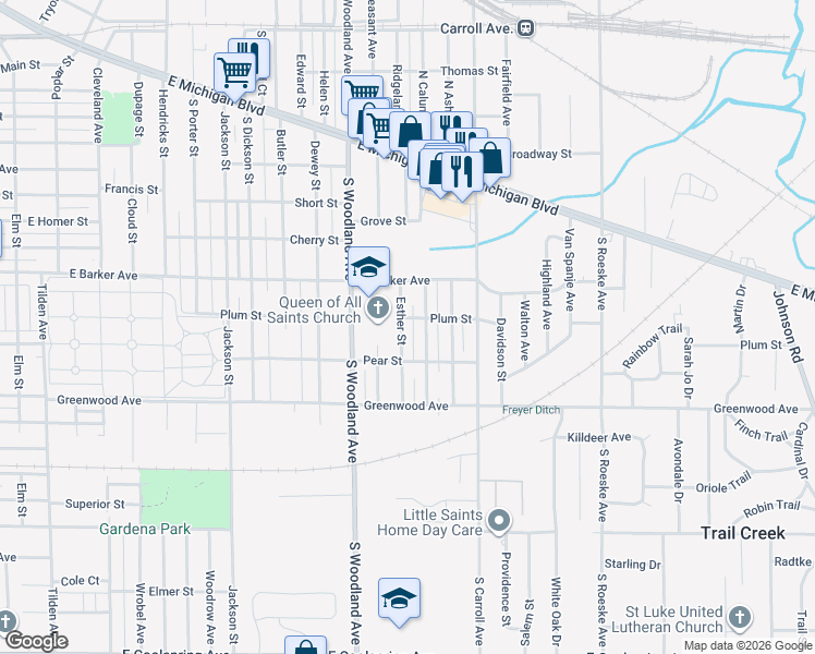 map of restaurants, bars, coffee shops, grocery stores, and more near 620 Esther Street in Michigan City