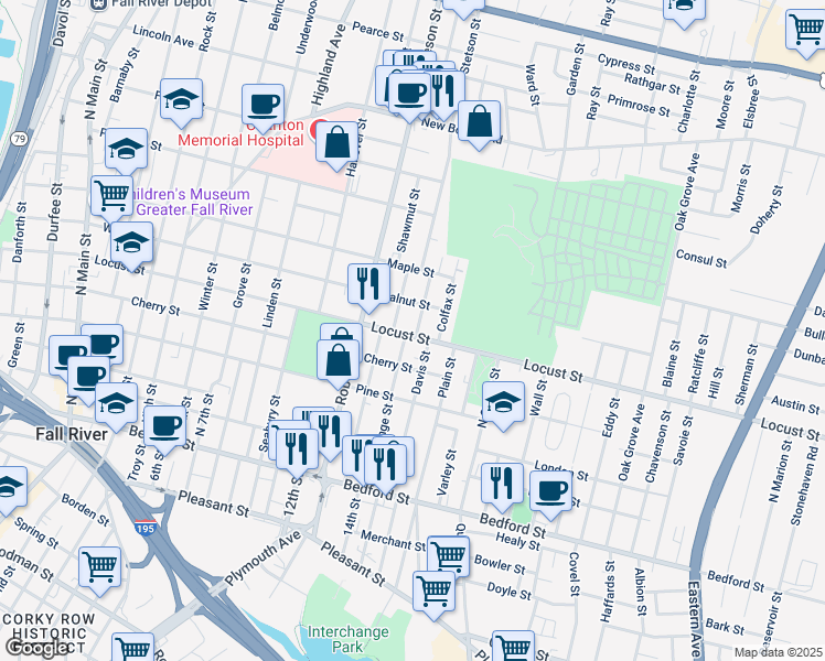 map of restaurants, bars, coffee shops, grocery stores, and more near 936 Locust Street in Fall River