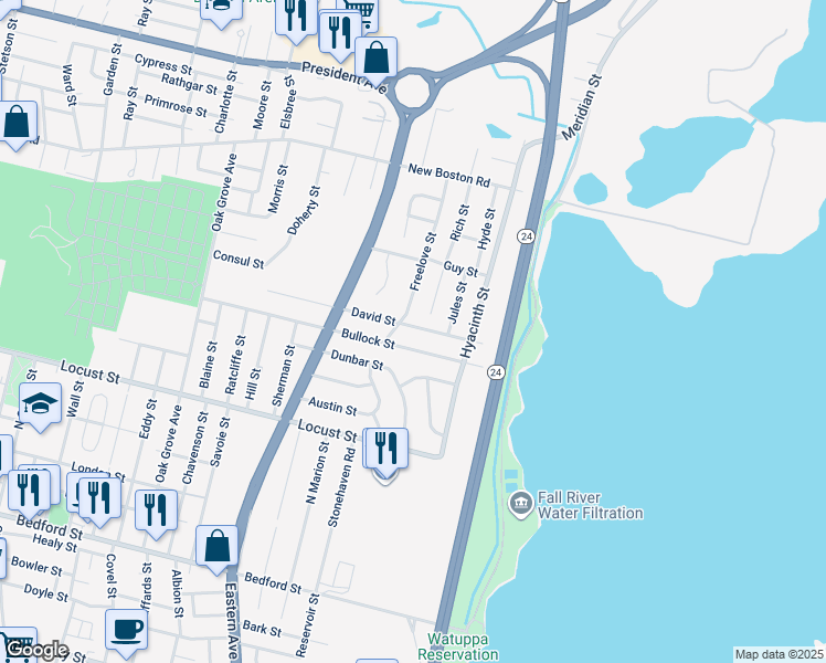 map of restaurants, bars, coffee shops, grocery stores, and more near 445 David Street in Fall River