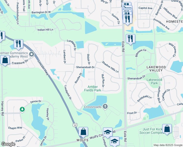 map of restaurants, bars, coffee shops, grocery stores, and more near 2269 Vicksburg Court in Aurora