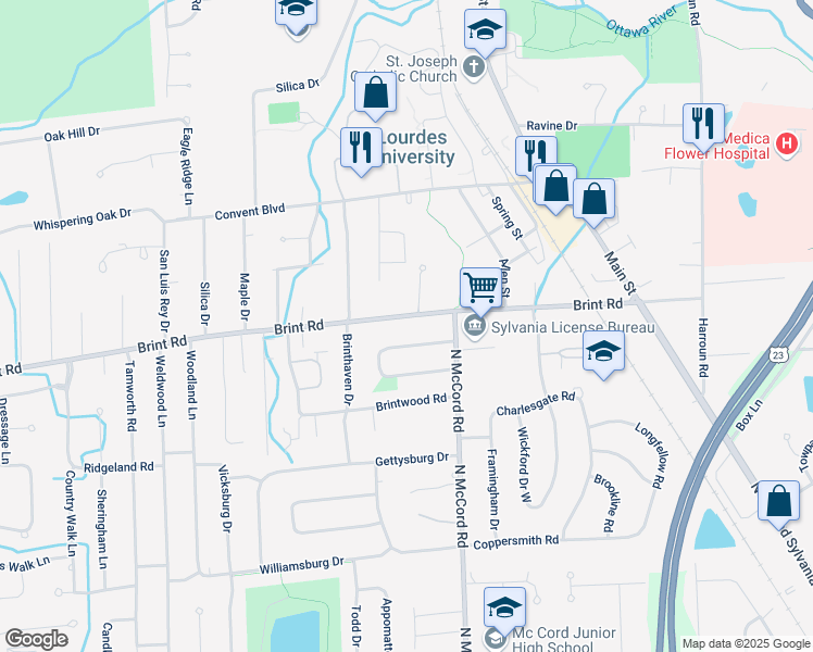 map of restaurants, bars, coffee shops, grocery stores, and more near 6751 Brint Rd in Sylvania