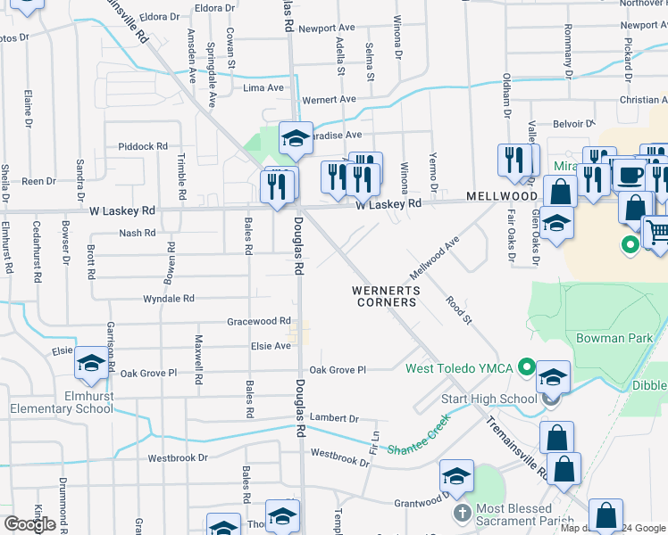 map of restaurants, bars, coffee shops, grocery stores, and more near 2433 Tremainsville Road in Toledo