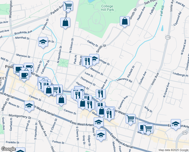 map of restaurants, bars, coffee shops, grocery stores, and more near 47 Lent Street in Poughkeepsie