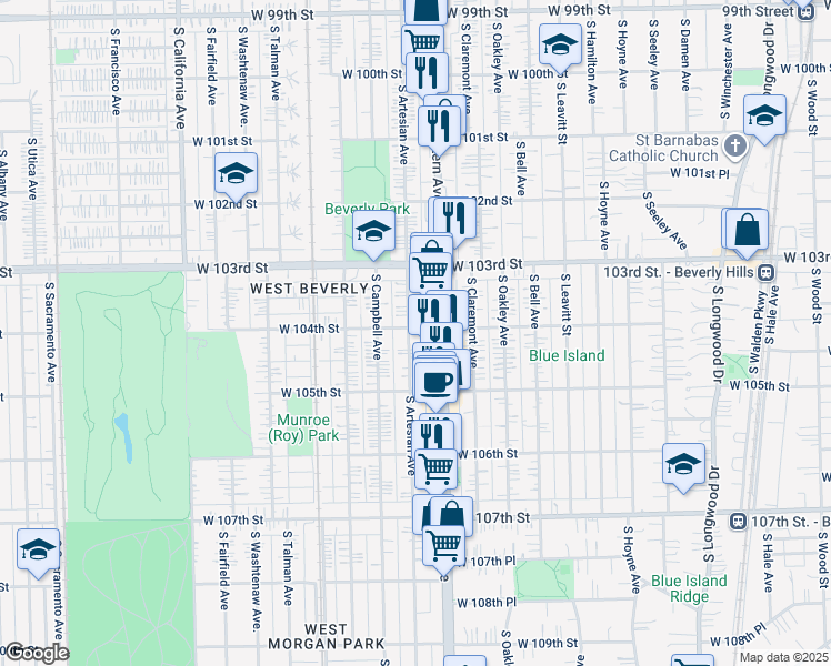map of restaurants, bars, coffee shops, grocery stores, and more near 10401 South Artesian Avenue in Chicago
