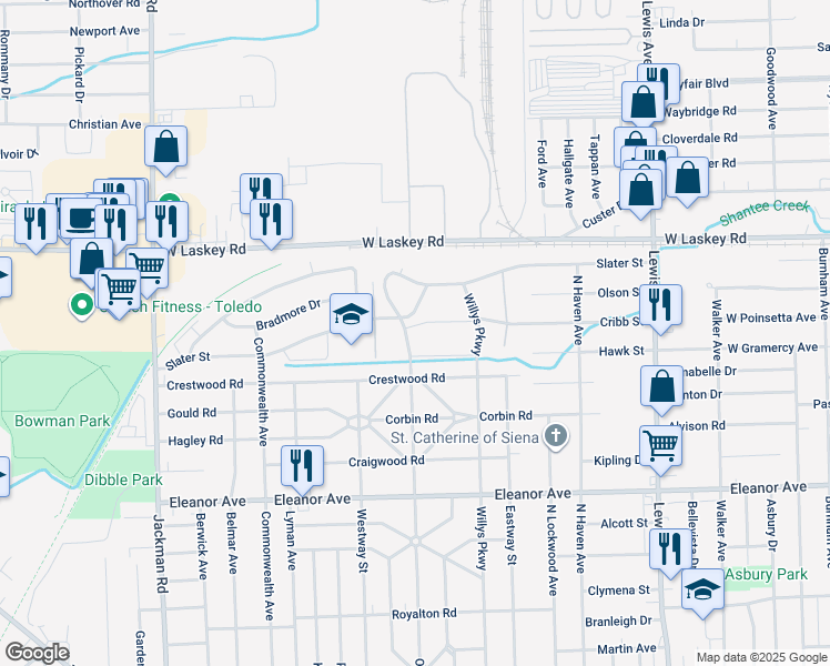 map of restaurants, bars, coffee shops, grocery stores, and more near 4748 Overland Parkway in Toledo