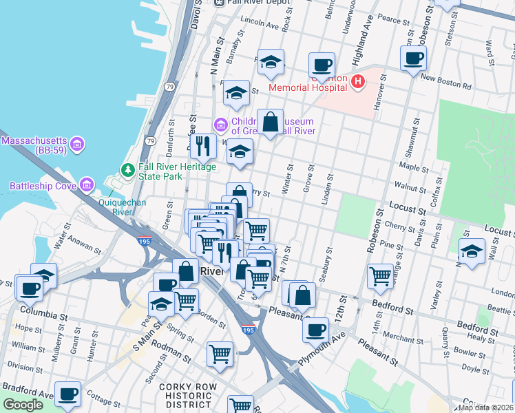map of restaurants, bars, coffee shops, grocery stores, and more near 203 Rock Street in Fall River