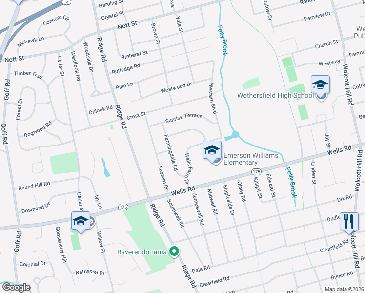 map of restaurants, bars, coffee shops, grocery stores, and more near 86 Farmingdale Road in Wethersfield