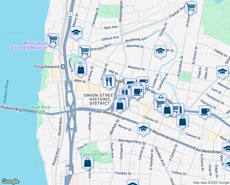 map of restaurants, bars, coffee shops, grocery stores, and more near 220 Main Street in Poughkeepsie