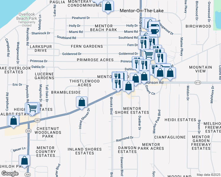 map of restaurants, bars, coffee shops, grocery stores, and more near 7685 Lakeshore Boulevard in Mentor