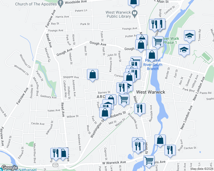 map of restaurants, bars, coffee shops, grocery stores, and more near 12 McGlynn Street in West Warwick