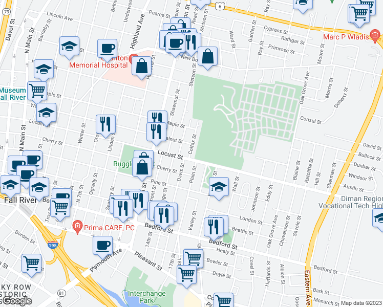 map of restaurants, bars, coffee shops, grocery stores, and more near 25 Colfax Street in Fall River