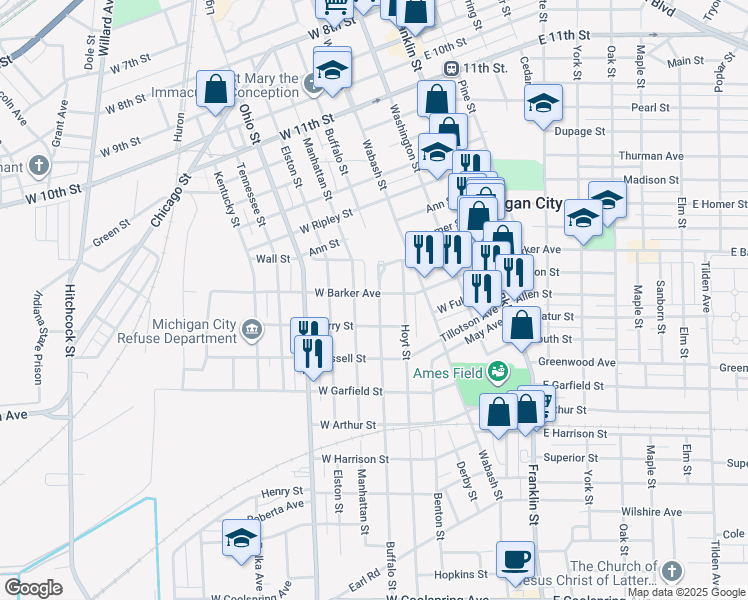 map of restaurants, bars, coffee shops, grocery stores, and more near 502 West Barker Avenue in Michigan City