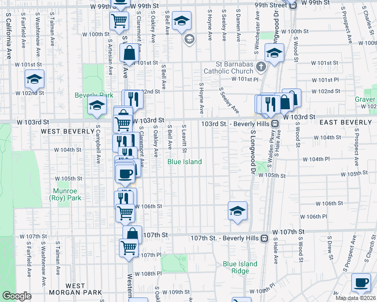 map of restaurants, bars, coffee shops, grocery stores, and more near 10401 South Leavitt Street in Chicago