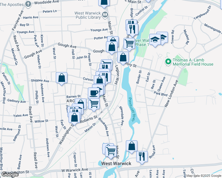 map of restaurants, bars, coffee shops, grocery stores, and more near 28 Saint Mary Street in West Warwick