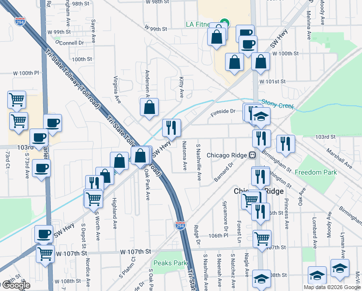 map of restaurants, bars, coffee shops, grocery stores, and more near 10306 Natoma Avenue in Chicago Ridge