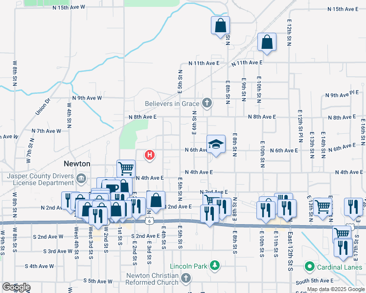 map of restaurants, bars, coffee shops, grocery stores, and more near 602 E 5th St N in Newton
