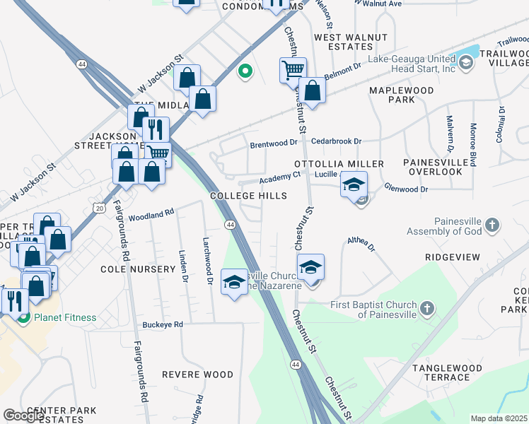 map of restaurants, bars, coffee shops, grocery stores, and more near 297 University Avenue in Painesville