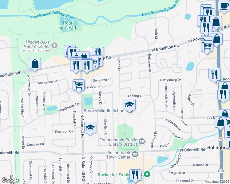 map of restaurants, bars, coffee shops, grocery stores, and more near 244 North Lancaster Drive in Bolingbrook