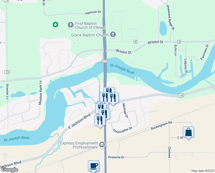 map of restaurants, bars, coffee shops, grocery stores, and more near 315 Co Road 17 in Elkhart