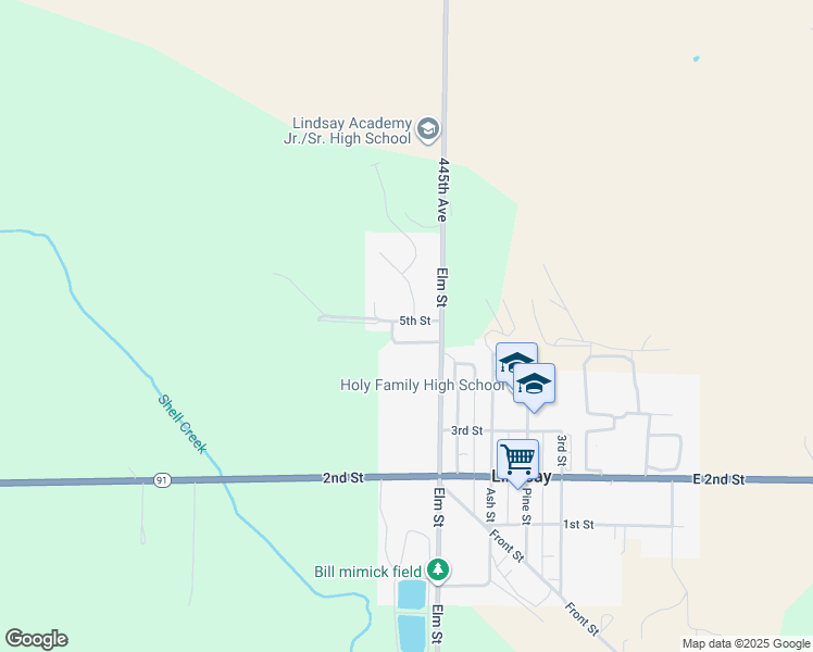 map of restaurants, bars, coffee shops, grocery stores, and more near 6th Street in Lindsay