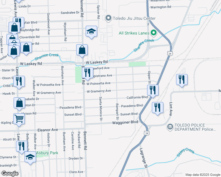 map of restaurants, bars, coffee shops, grocery stores, and more near 252 West Gramercy Avenue in Toledo