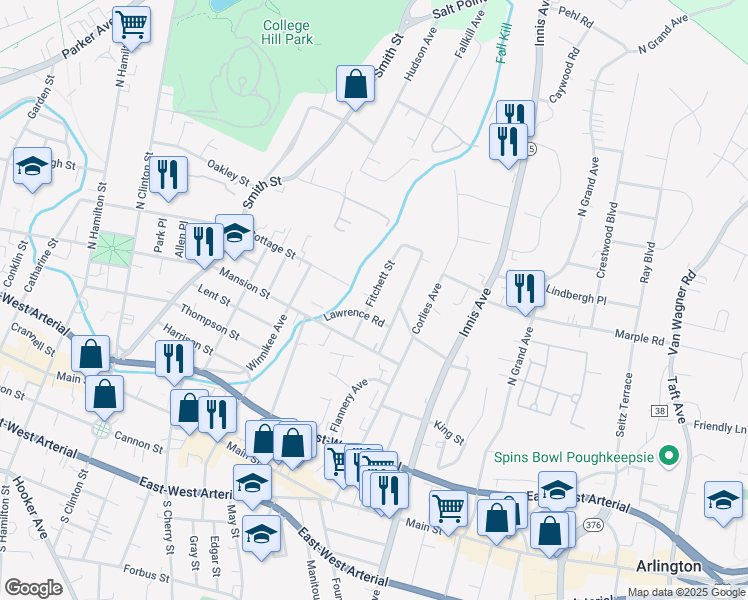 map of restaurants, bars, coffee shops, grocery stores, and more near 18 Fitchett Street in Poughkeepsie