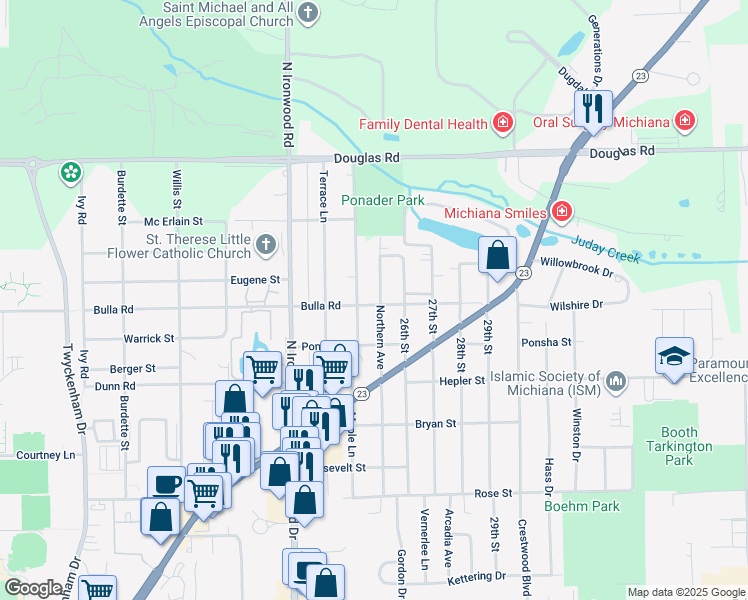 map of restaurants, bars, coffee shops, grocery stores, and more near 54248 Northern Avenue in South Bend