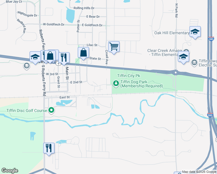 map of restaurants, bars, coffee shops, grocery stores, and more near 627 Kimberlite Street in Tiffin