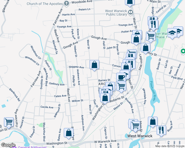 map of restaurants, bars, coffee shops, grocery stores, and more near 125 West Street in West Warwick