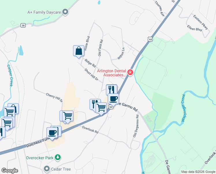 map of restaurants, bars, coffee shops, grocery stores, and more near 15 Ridge Road in Arlington