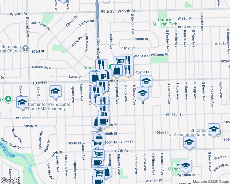 map of restaurants, bars, coffee shops, grocery stores, and more near 10332 Kilpatrick Avenue in Oak Lawn