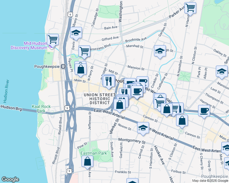 map of restaurants, bars, coffee shops, grocery stores, and more near 220 Main Street in Poughkeepsie