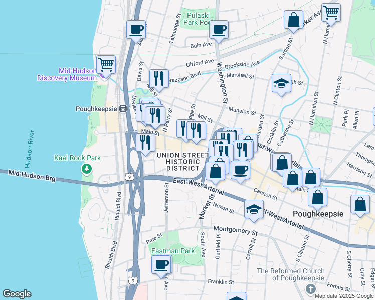 map of restaurants, bars, coffee shops, grocery stores, and more near 15 South Bridge Street in Poughkeepsie
