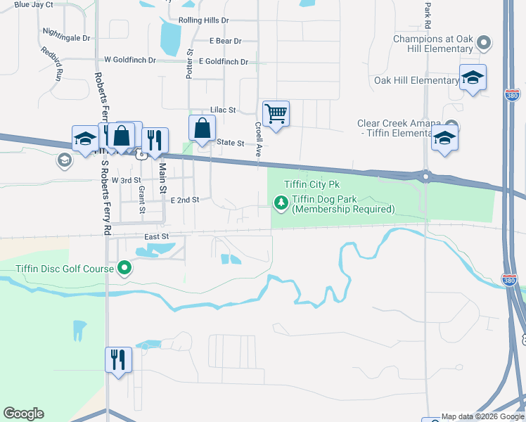 map of restaurants, bars, coffee shops, grocery stores, and more near 627 Kimberlite Street in Tiffin