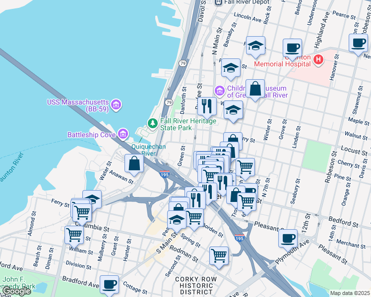 map of restaurants, bars, coffee shops, grocery stores, and more near 107 Green Street in Fall River